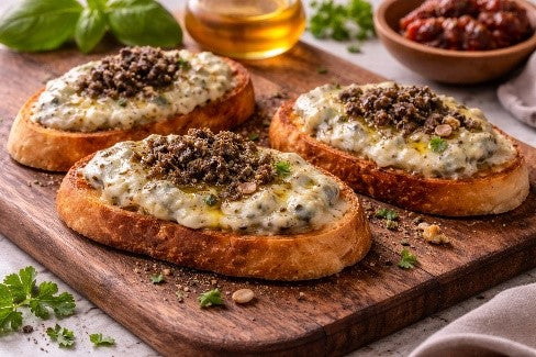 Bruschetta with gorgonzola and summer truffle ground in oil