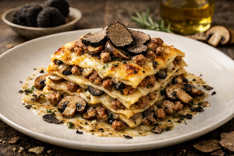 Lasagna al tartufo, funghi e salsiccia