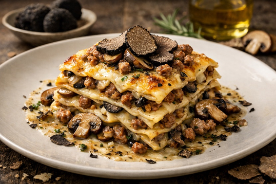 Truffle, mushroom and sausage lasagna