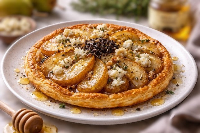 Pear, Gorgonzola, and truffle honey tarte tatin